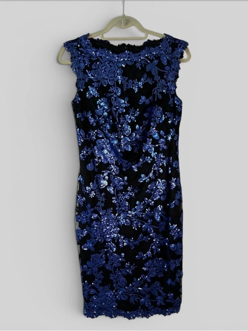 Tadashi Shoji Floral Lace Sheath Dress Blue Black Size 8 Wedding Guest Cocktail